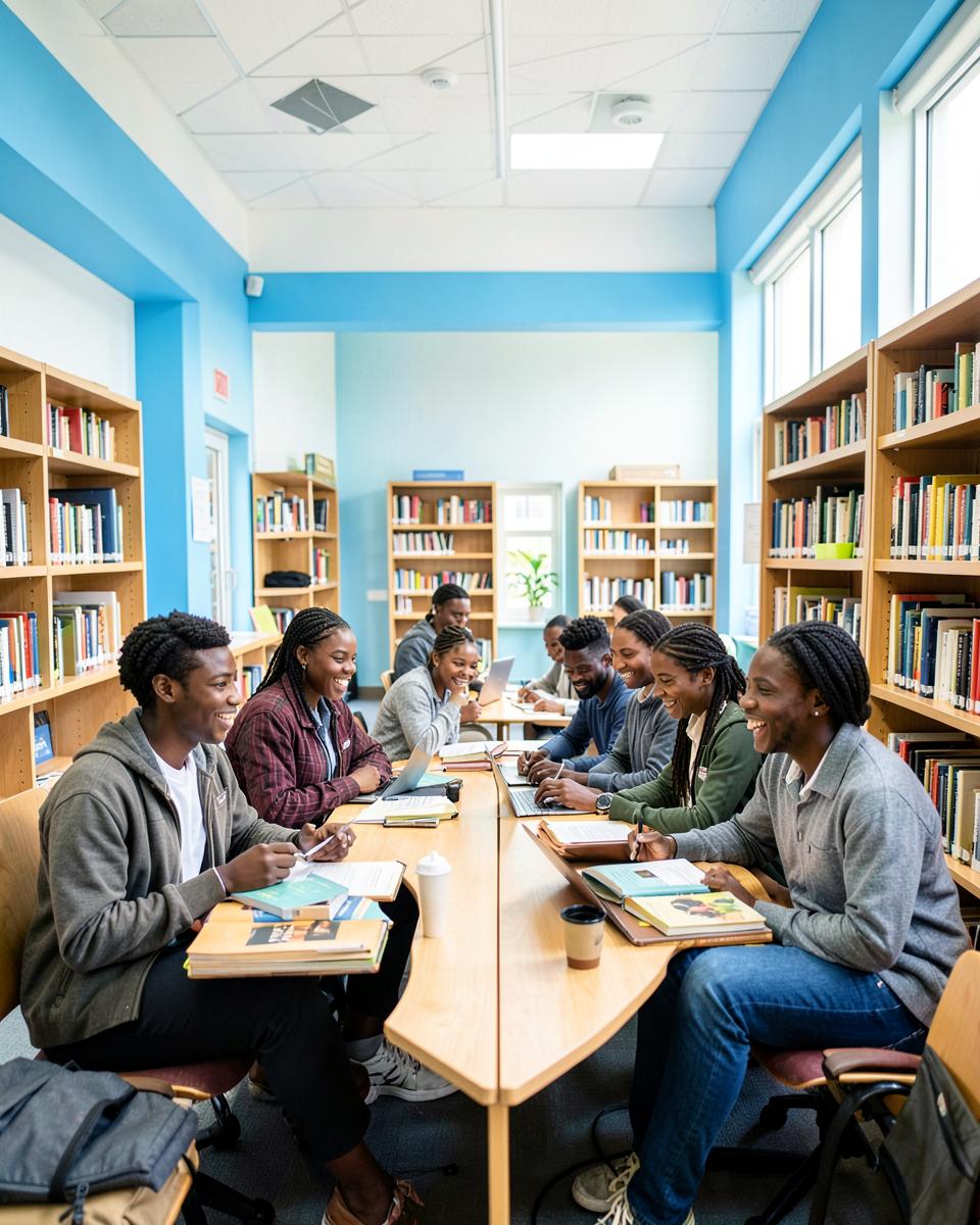 Étudiants réunis dans une bibliothèque universitaire